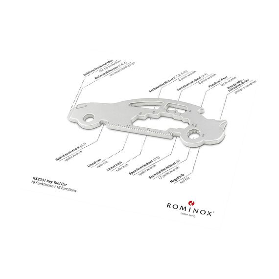 Geschenkartikel: ROMINOX Key Tool // Auto/Car, 18 Funktionen, Keytool Schlüsselanhänger, Flaschenöffner, Edelstahl Multitool, Multifunktionswerkzeug, Führerschein, Kleinigkeit für Adventskalender