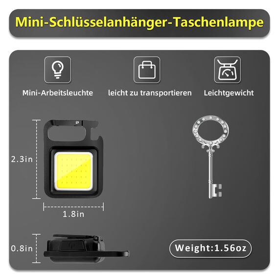 MAKDAK Pack of 4 Schlüsselanhänger Taschenlampen Cob Schlüsselanhänger Arbeitslicht 4-Licht Modi Kleines Notlicht mit faltbarer Halterung Flaschenöffner für Angeln, Camping und Gehen