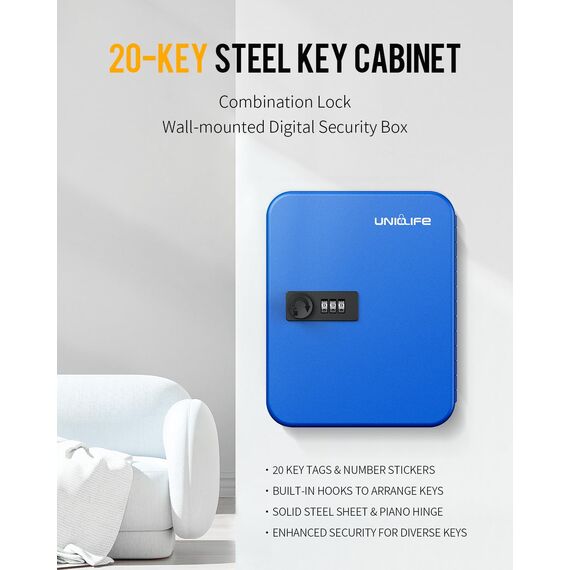 Uniclife 20 Fach Schlüsselbox mit Zahlenschloss und resettbarem Code, Blaue Digitale Sicherheitsbox aus Stahl, Schlüssel Organizer mit bunten Etiketten und Haken