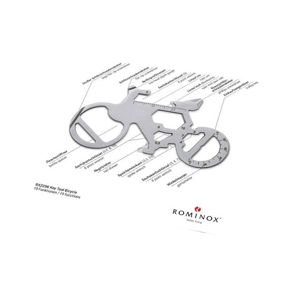 Geschenkartikel: ROMINOX Key Tool Bicycle, 19 Funktionen, Schlüsselanhänger Fahrrad, Mountainbike, Gravel Bike, Edelstahl Multitool, Multifunktionswerkzeug, Kleinigkeit für Adventskalender