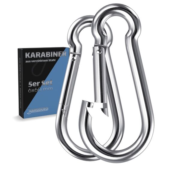 GARSIDURO® Karabinerhaken 5er Set 6x60 mm | Stahl Verzinkt DIN 5299 | Feuerwehr Karabiner Mit Schnappverschluss | Geeignet Als Schlüsselanhänger Und Schwerlast Hängematte