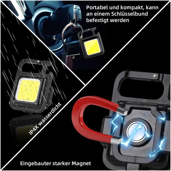 MAKDAK Pack of 4 Schlüsselanhänger Taschenlampen Cob Schlüsselanhänger Arbeitslicht 4-Licht Modi Kleines Notlicht mit faltbarer Halterung Flaschenöffner für Angeln, Camping und Gehen