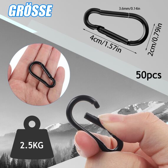 50 Stück Karabinerhaken Klein, 40x3,6 mm Karabiner Schwarz Karabinerhaken Aluminium Carabiner Schlüsselanhänger für Rucksack Gürtel Hundeleine Camping Wandern Angeln Reisen (Schwarz)