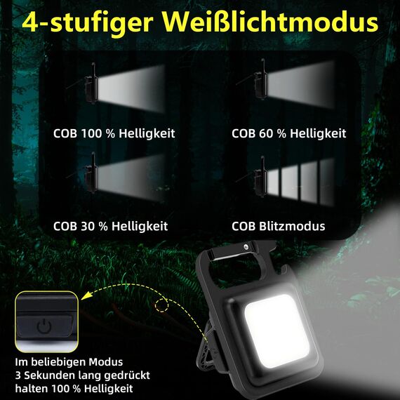MAKDAK Pack of 4 Schlüsselanhänger Taschenlampen Cob Schlüsselanhänger Arbeitslicht 4-Licht Modi Kleines Notlicht mit faltbarer Halterung Flaschenöffner für Angeln, Camping und Gehen