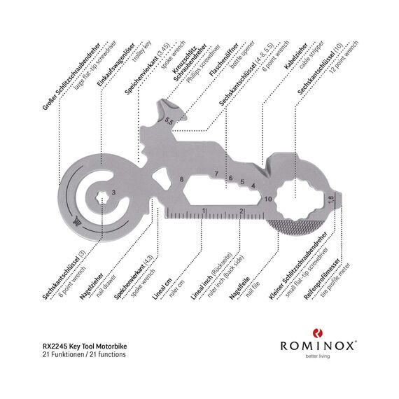 Geschenkartikel: ROMINOX Key Tool Motorbike, 21 Funktionen, Keytool Schlüsselanhänger Motorrad, Bike, Edelstahl Multitool, Funktionsbeschreibung, Multifunktionswerkzeug, Einkaufswagenlöser