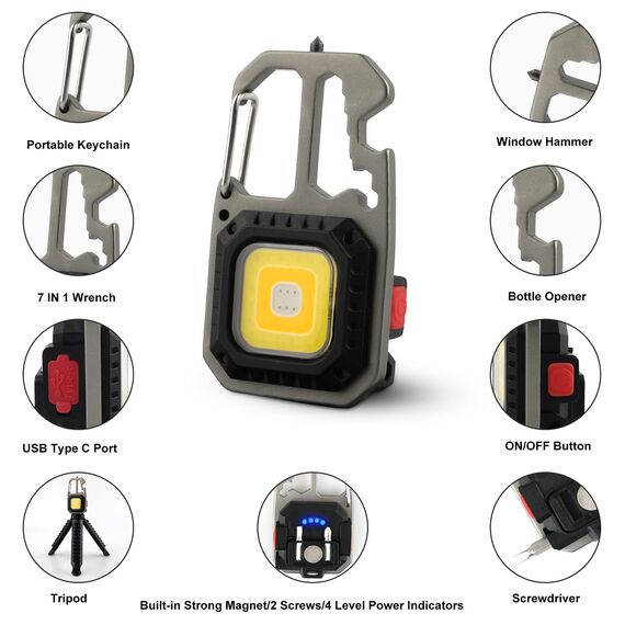 T-SUN Tragbare Mini LED Arbeitsleuchte Schlüsselanhänger Taschenlampe 7 Modi 800 Lumen Wiederaufladbare Inspektionsleuchten mit Flaschenöffner Magnetfuß für Camping Reparatur Notbeleuchtung (4 PCS)