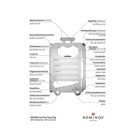 Geschenkartikel: ROMINOX Card Tool // Travel Tag – 30 Funktionen – Multifunktionaler Kofferanhänger/Reisegepäckanhänger, Edelstahl inkl. Etui & Funktionsbeschreibung, Multifunktionswerkzeug