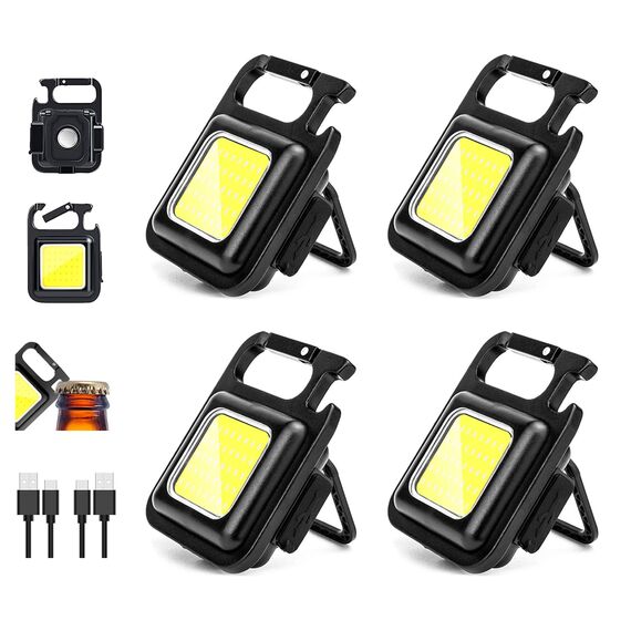 MAKDAK Pack of 4 Schlüsselanhänger Taschenlampen Cob Schlüsselanhänger Arbeitslicht 4-Licht Modi Kleines Notlicht mit faltbarer Halterung Flaschenöffner für Angeln, Camping und Gehen