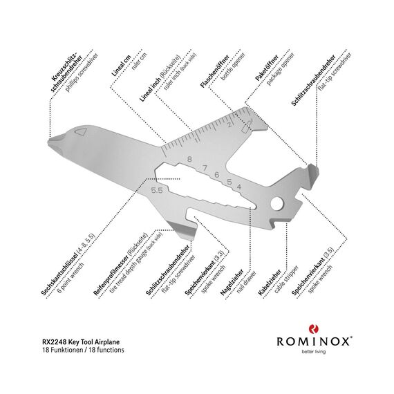 Geschenkartikel: ROMINOX Key Tool // Airplane, 18 Funktionen, Keytool Schlüsselanhänger Flugzeug/Pilot, Edelstahl Multitool, Multifunktionswerkzeug, Kleinigkeit für Adventskalender