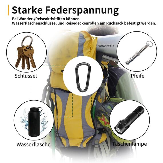 pullther 10 Stück Aluminium Karabinerhaken, 75mm/2.95'' Karabinerhaken groß, Korrosionsbeständige D-Ring Karabiner Schlüsselanhänger für Outdoor Sport, Wandern, Camping, Angeln - Schwarz