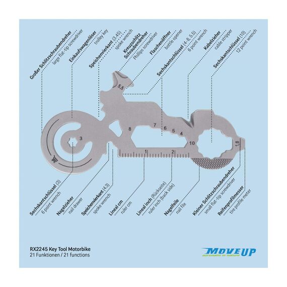 Geschenkartikel: ROMINOX Key Tool Motorbike, 21 Funktionen, Keytool Schlüsselanhänger Motorrad, Bike, Edelstahl Multitool, Funktionsbeschreibung, Multifunktionswerkzeug, Einkaufswagenlöser
