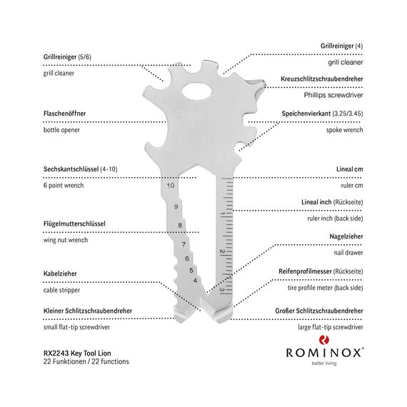Geschenkartikel: ROMINOX Key Tool // Lion, 22 Funktionen, Edelstahl Multitool, Multifunktionswerkzeug, Kleinigkeit für Adventskalender