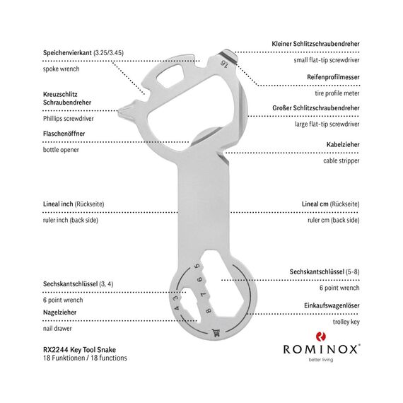 Geschenkartikel: ROMINOX Key Tool // Snake, 18 Funktionen, Keytool Schlüsselanhänger, Einkaufswagenlöser, Edelstahl Multitool, Multifunktionswerkzeug, Kleinigkeit für Adventskalender