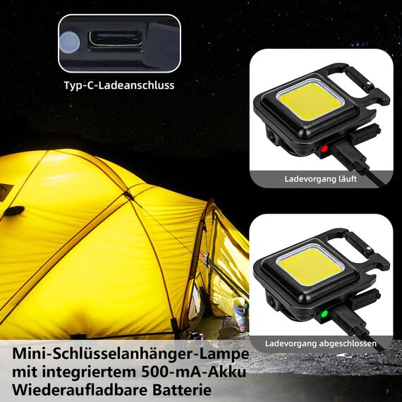 MAKDAK Pack of 4 Schlüsselanhänger Taschenlampen Cob Schlüsselanhänger Arbeitslicht 4-Licht Modi Kleines Notlicht mit faltbarer Halterung Flaschenöffner für Angeln, Camping und Gehen