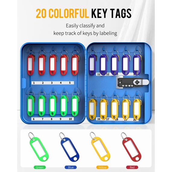 Uniclife 20 Fach Schlüsselbox mit Zahlenschloss und resettbarem Code, Blaue Digitale Sicherheitsbox aus Stahl, Schlüssel Organizer mit bunten Etiketten und Haken