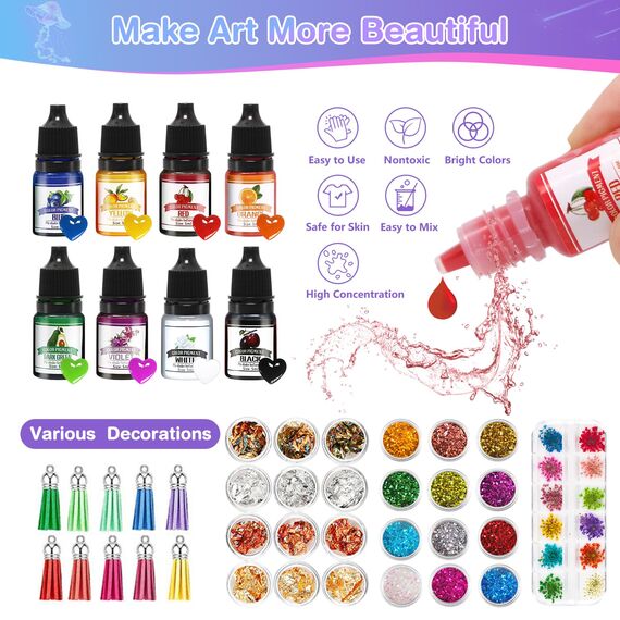 YUTUY Epoxidharz Set Anfänger,Glasklar Resin Harz Gießen Set,500ml Epoxidharz Schlüsselanhänger Set mit Epoxidharz Farben,Messbecher Aus Silikon,Glitzer