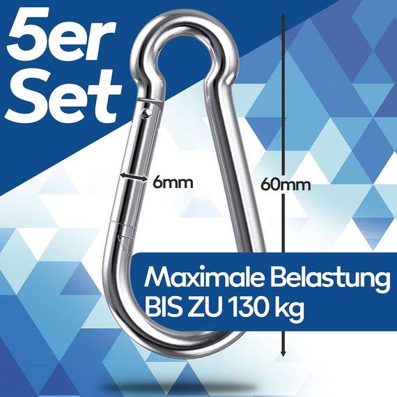 GARSIDURO® Karabinerhaken 5er Set 6x60 mm | Stahl Verzinkt DIN 5299 | Feuerwehr Karabiner Mit Schnappverschluss | Geeignet Als Schlüsselanhänger Und Schwerlast Hängematte