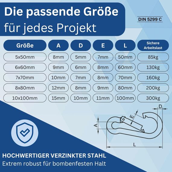 GARSIDURO® Karabinerhaken 5er Set 6x60 mm | Stahl Verzinkt DIN 5299 | Feuerwehr Karabiner Mit Schnappverschluss | Geeignet Als Schlüsselanhänger Und Schwerlast Hängematte