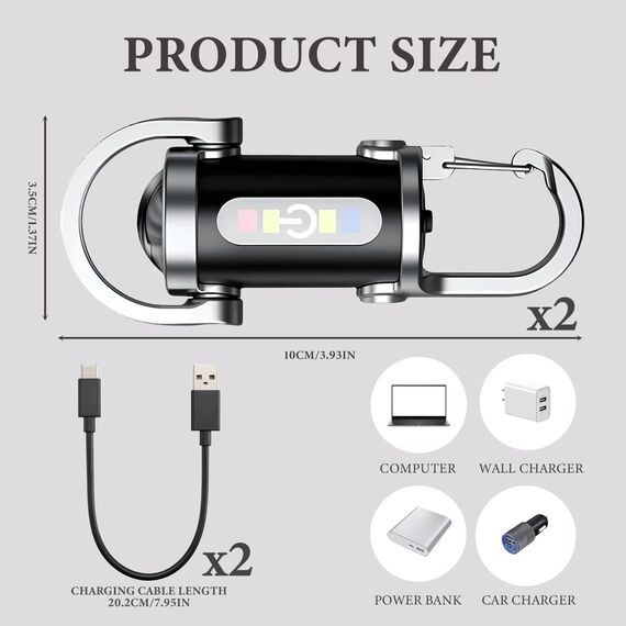 TaimeiMao 2 Stück 1200LM Superhelle Mini-Schlüsselanhänger, Superhelle Mini Led Taschenlampe, Taschenlampe LED Aufladbar, taschenlampe Wasserdicht für Haushalt Auto Outdoorarbeit Reisen Camping