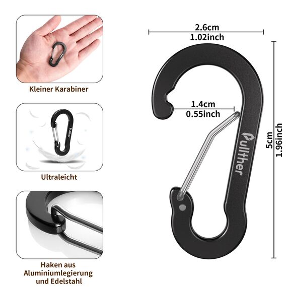 pullther 20 Stück Karabinerhaken, 50mm/1.96'' Karabinerhaken Klein, Aluminium D-Ring Karabiner Schlüsselanhänger für Outdoor Sport, Wandern, Camping, Angeln - Mehrfarbig