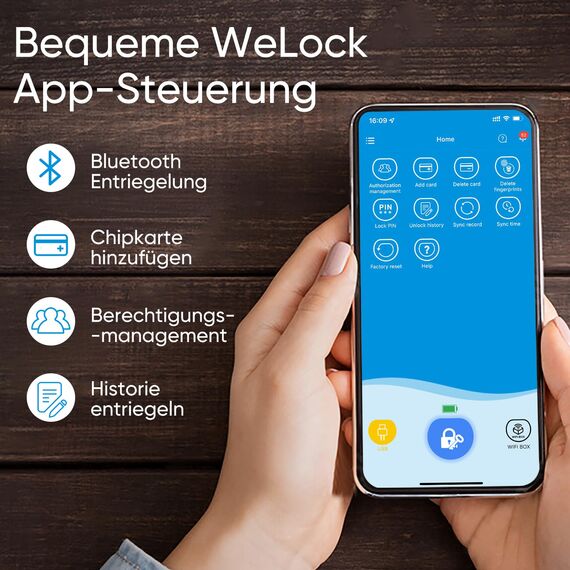 WELOCK Touch41 Türschloss Fingerabdruck, Fingerabdruck Schloss Haustür, Türschloss Haustür mit App und RFID-Karte, Elektronische Türschloss Einstellbare Länge für 50-100mm Tür