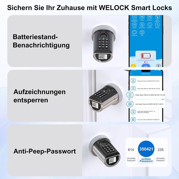 WELOCK ToucD41 Türschloss Fingerabdruck,Elektronisches Code Schloss,Smart Lock mit RFID Karte,APP,WiFi,Fingerabdruck Schloss Haustür IP65,Smartes Türschloss Öffnen für Türen von 50-100mm