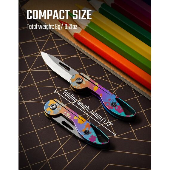 KeyUnity KK05 Kleines Titan-Klappmesser, Mini-Edc Messer mit integriertem Schlüsselloch, Leichtes Schlüsselanhänger Messer für Camping (Tusche-Verlauf)