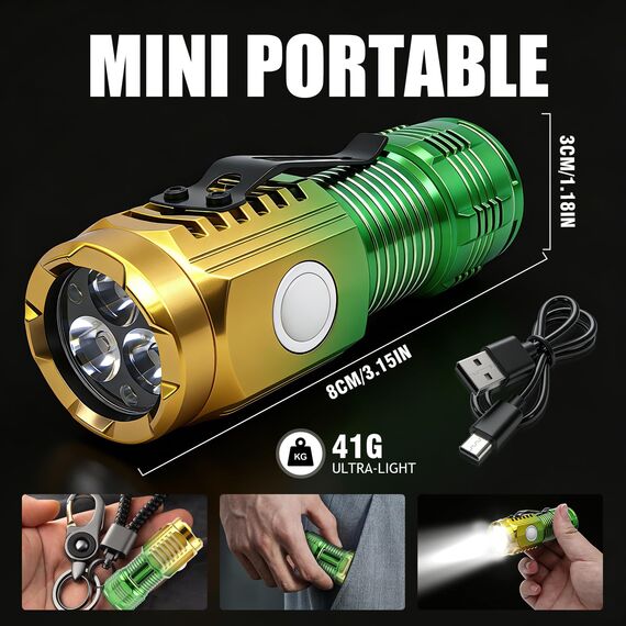 TaimeiMao Taschenlampe LED Aufladbar,200 Lumens,3 Lichtmodi,kleine Flashlight Schlüsselbund Handlampe Wasserdicht,mit Magnete, für Camping,Wandern,Outdoor,Notfälle