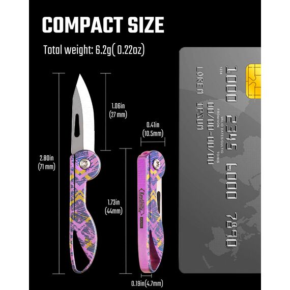 KeyUnity KK05 Titan Taschenmesser Klein Mini-Edc Messer Rasiermesserscharfe Kleines Klappmesser, Leichtes EDC Schlüsselanhänger Messer für Camping, Wandern und Outdoor (Knallrosa-Graffiti)