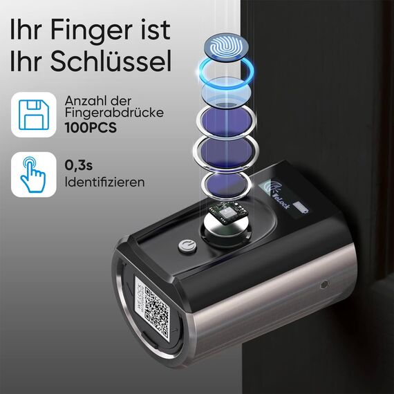WELOCK Touch41 Türschloss Fingerabdruck, Fingerabdruck Schloss Haustür, Türschloss Haustür mit App und RFID-Karte, Elektronische Türschloss Einstellbare Länge für 50-100mm Tür