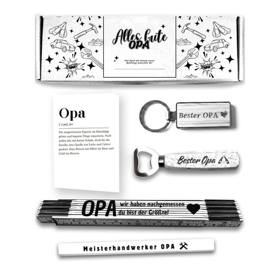 Presentix® Opa Geschenkset - mit Flaschenöffner, Zollstock, Bleistift und Schlüsselanhänger | Geschenke für Väter/Großväter | Geburtstagsgeschenk für Männer | bester Opa Geschenke (Opa Weiß)