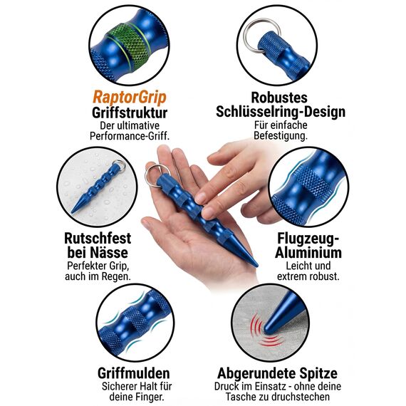 Kubotan Selbstverteidigung Schlüsselanhänger mit Glasbrecher – Survival-Tool für unterwegs - Grip Griff - Ideal für Frauen & Männer, Pendler & Reisen, Druckverstärker & Notfallhammer (S - Blue)