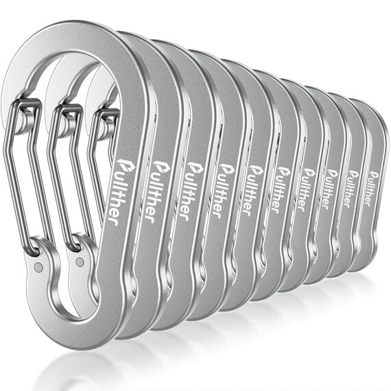 pullther 10 Stück Karabinerhaken, 70mm/2.76'' Karabinerhaken groß, Aluminium D-Ring Karabiner Schlüsselanhänger für Outdoor Sport, Wandern, Camping, Angeln - Silber