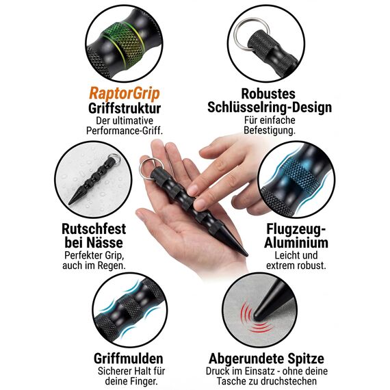 Kubotan Selbstverteidigung Schlüsselanhänger Glasbrecher | Survival Schlagstock legal | EDC Schlagring Druckverstärker RaptorGrip | für Frauen & Männer, Pendler & Reisen | Black - XXL (17,5cm)