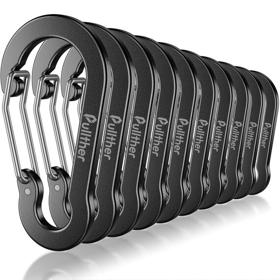 pullther 10 Stück Karabinerhaken, 70mm/2.76'' Karabinerhaken groß, Aluminium D-Ring Karabiner Schlüsselanhänger für Outdoor Sport, Wandern, Camping, Angeln - Schwarz
