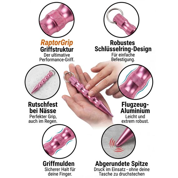 Kubotan Selbstverteidigung Schlüsselanhänger mit Glasbrecher – Survival-Tool für unterwegs - Grip Griff - Ideal für Frauen & Männer, Pendler & Reisen, Druckverstärker & Notfallhammer (L - Pink)