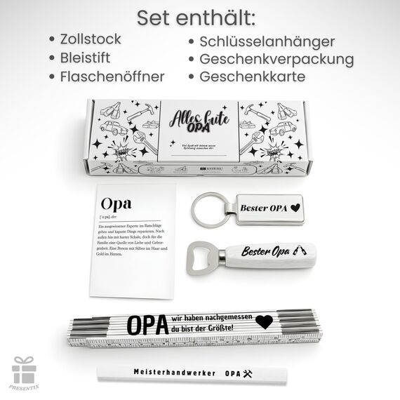 Presentix® Opa Geschenkset - mit Flaschenöffner, Zollstock, Bleistift und Schlüsselanhänger | Geschenke für Väter/Großväter | Geburtstagsgeschenk für Männer | bester Opa Geschenke (Opa Weiß)
