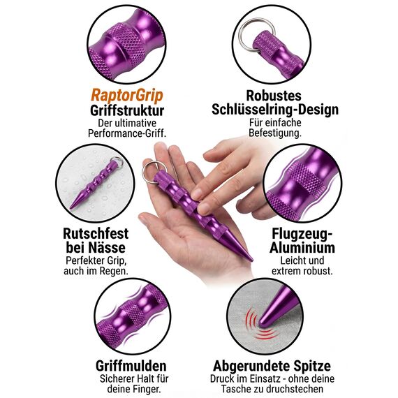 Kubotan Selbstverteidigung Schlüsselanhänger mit Glasbrecher – Survival-Tool für unterwegs - Grip Griff - Ideal für Frauen & Männer, Pendler & Reisen, Druckverstärker & Notfallhammer (XXL - Violet)