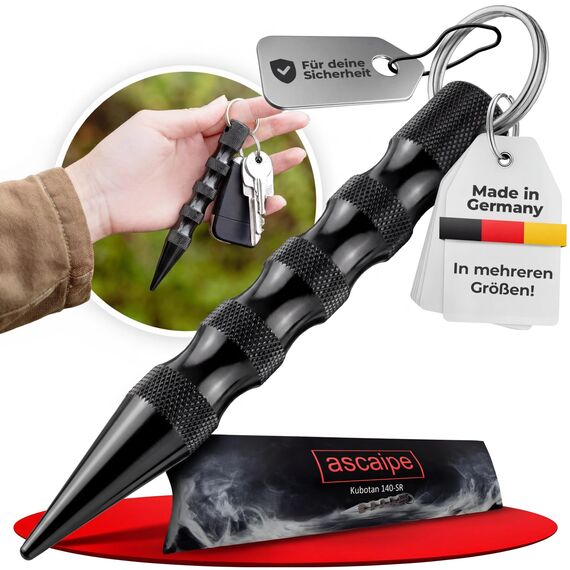 Kubotan Selbstverteidigung Schlüsselanhänger Glasbrecher | Survival Schlagstock legal | EDC Schlagring Druckverstärker RaptorGrip | für Frauen & Männer, Pendler & Reisen | Black - XXL (17,5cm)