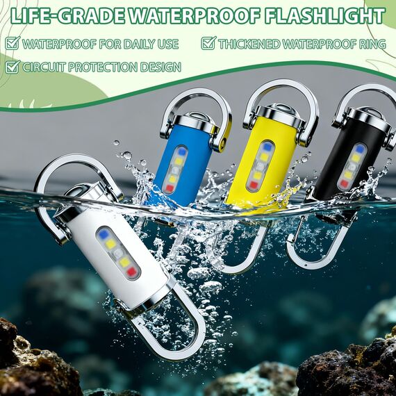 TaimeiMao 4 Stück 1200LM Superhelle Mini-Schlüsselanhänger, Superhelle Mini Led Taschenlampe, taschenlampe Wasserdicht für Haushalt Auto Outdoorarbeit Reisen Camping（Blau, Gelb, Schwarz und Weiß）