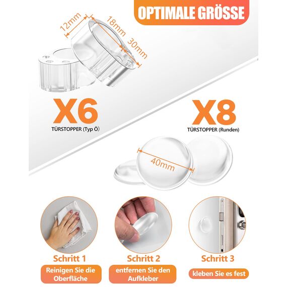 14 Stück Türstopper Selbstklebend (Transparent), 8x Runden Türstopper Wand (Ø40mm) + 6x Ö Typ Türstopper Klinke(Ø 18mm), für Bad, Möbel, Glasflächen, Wandschutz