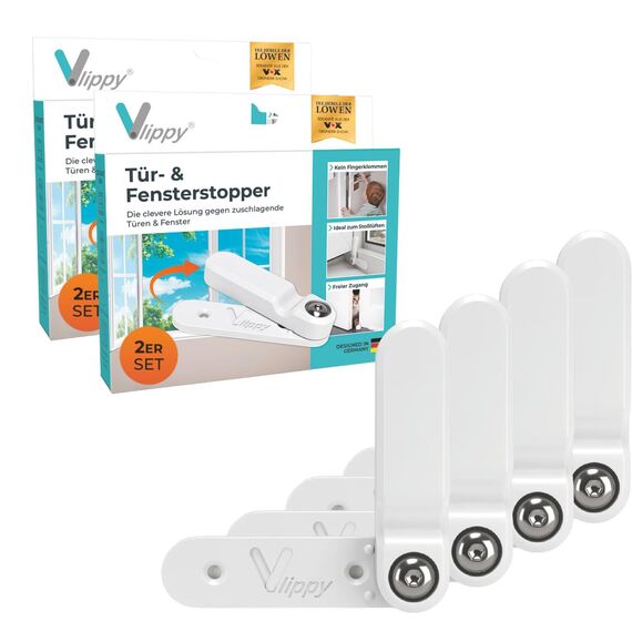 Vlippy Tür- & Fensterstopperr 4 Stück | Verhindert das Zuschlagen von Fenstern & Türen, endlich Lüften ohne Sorge | Einfache Montage ohne Bohren - einfach kleben, vlippen, fertig