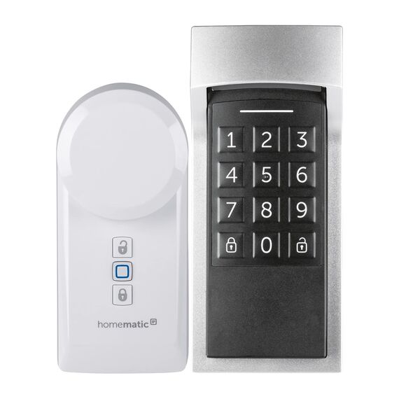 Homematic IP Smart Home Türschlossantrieb + Keypad, elektronisches Türschloss, Smart Lock nachrüstbar ohne Umbau, steuerbar per Codeschloss und Zahlencode aber auch per App, Alexa & Google Assistant