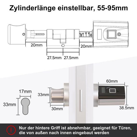 WELOCK SECBN51 Fingerabdruck Schloss mit App, RFID-Karte Transponder und WiFi, Fingerabdruck Türschloss Haustür für Türen von 30-70mm, Schlüssellose Türschloss Fingerprint IP65