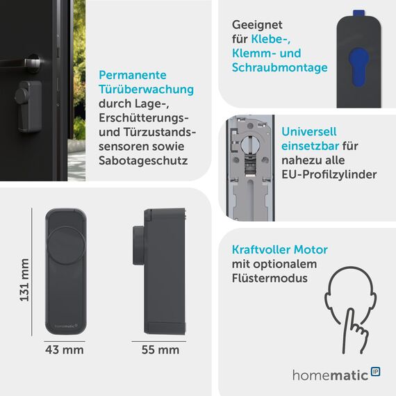 Homematic IP Türschlossantrieb – pro, anthrazit, Smart Home, permanente Türüberwachung, Smart Lock, elektronsiches Türschloss, einfach nachrüsten, Tür steuern per App, Alexa & Google Home, 162500A0