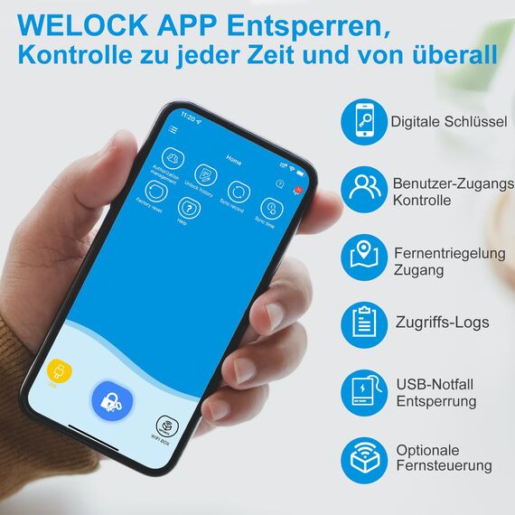 WELOCK ToucA51 Türschloss Fingerabdruck, Passcode Fingerabdruck Schloss Haustür, mit RFID-Karte App, Elektronische Zahlencode Türschloss Verstellbarer Schließzylinder für 30-70mm Tür
