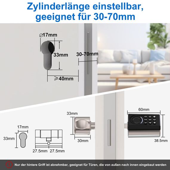 WELOCK ToucA51 Fingerabdruck Passwort Türschloss, Elektronisches Fingerabdruck Pin Code Schloss mit App, Passwort, RFID-Karte und WIFI(WIFIBOX Erforderlich), Geeignet für Türen von 30-70 mm