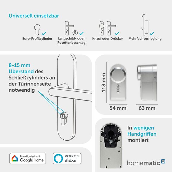Homematic IP Smart Home Türschlossantrieb, silber, elektronisches Türschloss, Smart Lock nachrüstbar ohne Umbau, Türöffner steuerbar per App, Alexa & Google Assistant, 160556A0