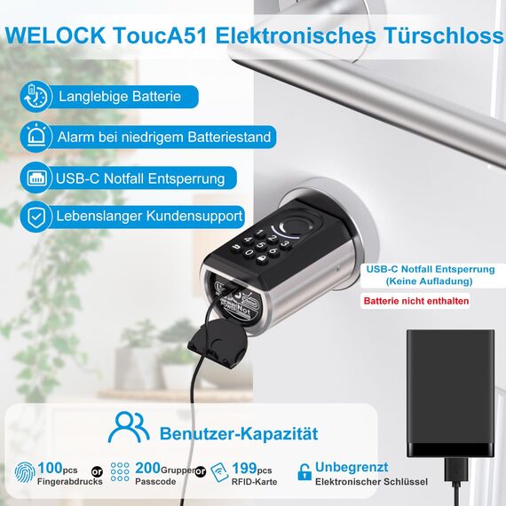 WELOCK ToucA51 Türschloss Fingerabdruck, Passcode Fingerabdruck Schloss Haustür, mit RFID-Karte App, Elektronische Zahlencode Türschloss Verstellbarer Schließzylinder für 30-70mm Tür