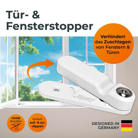 Vlippy Tür- & Fensterstopperr 4 Stück | Verhindert das Zuschlagen von Fenstern & Türen, endlich Lüften ohne Sorge | Einfache Montage ohne Bohren - einfach kleben, vlippen, fertig